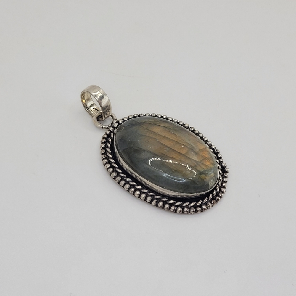 Mystical Oval Labradorite Cabochon Silver Plated Pendant w Rope Beaded Detailing